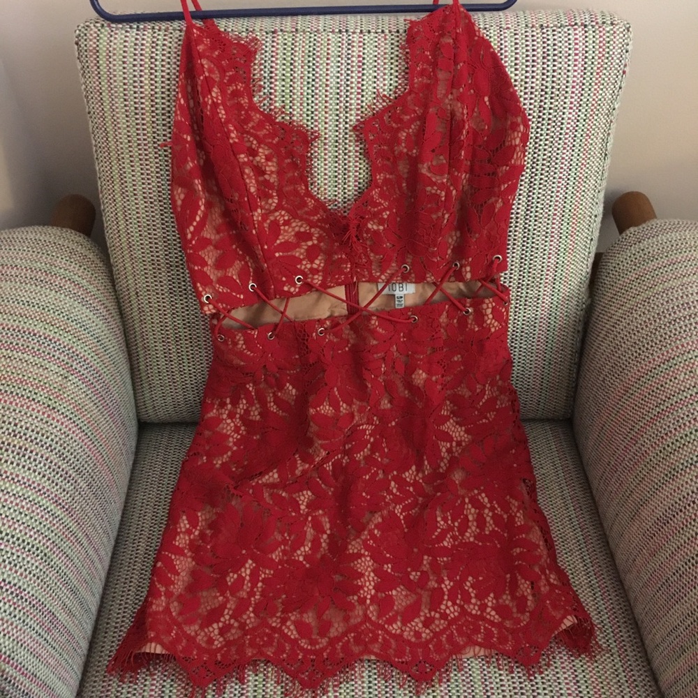 Tobi red lace dress with cutouts